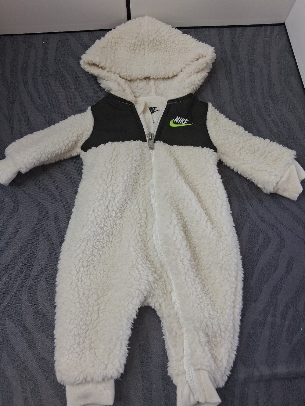 Nike Cream Sherpa Hooded Baby One-Piece with Black Chest Panel and Green Swoosh